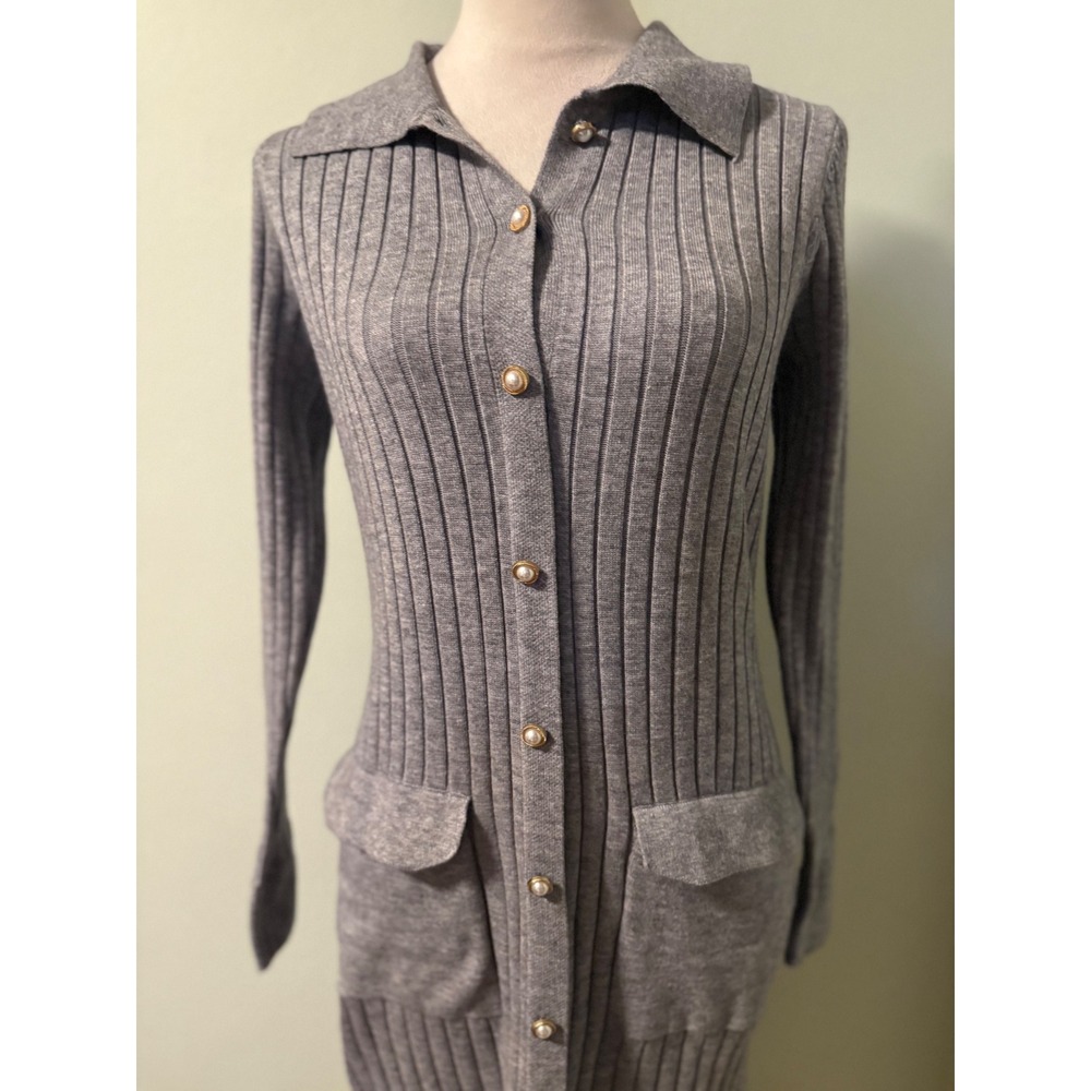 Nanette Lepore Ribbed Knit Collared‎ Button gray Midi Dress S classic body con - Picture 4 of 6